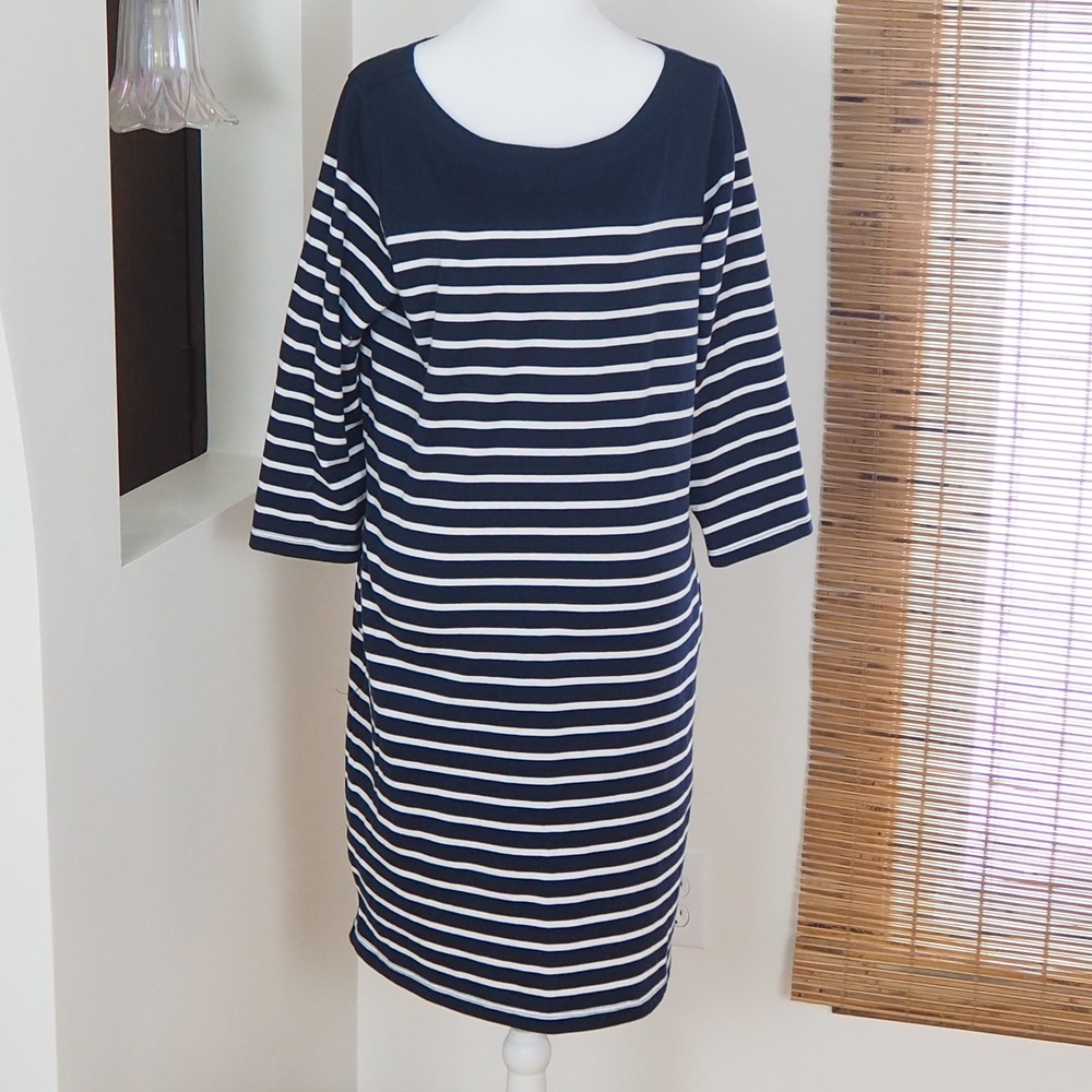 L.L.‎ Bean Women's Heritage Mariner Striped Dress Medium Boatneck Nautical Navy